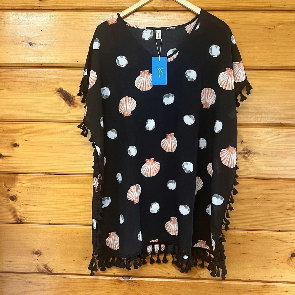 Yincro Women Swimsuit Cover Up Shirt with Tassel Beach Bathing L Black